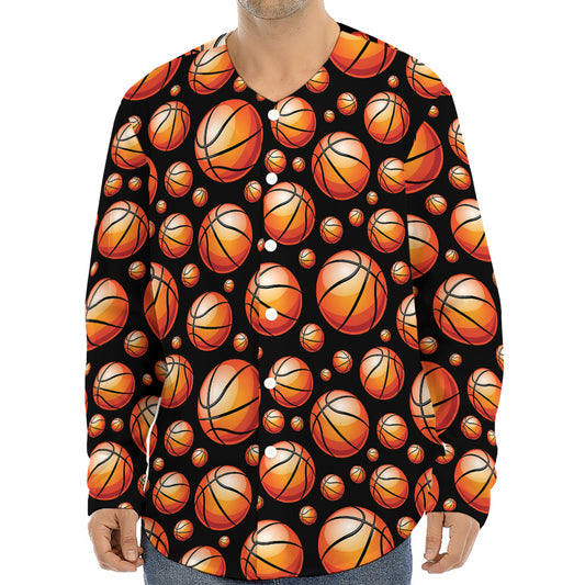Black Basketball Pattern Print Long Sleeve Baseball Jersey