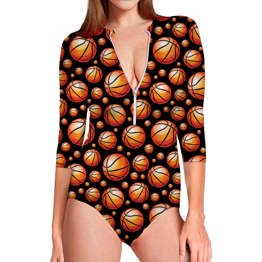 Black Basketball Pattern Print Long Sleeve Swimsuit