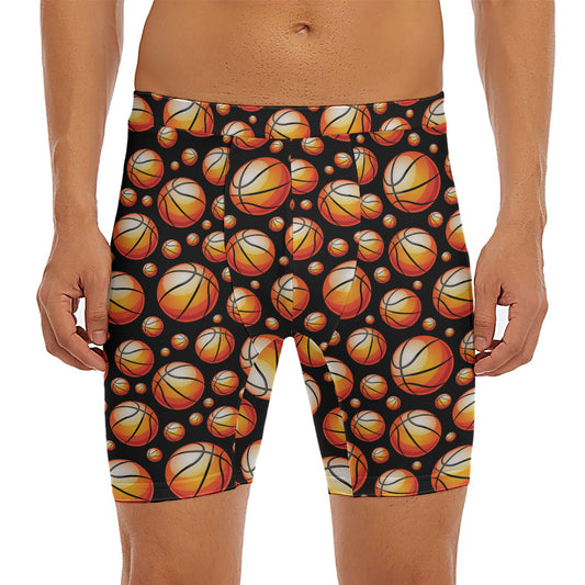 Black Basketball Pattern Print Men's Long Boxer Briefs