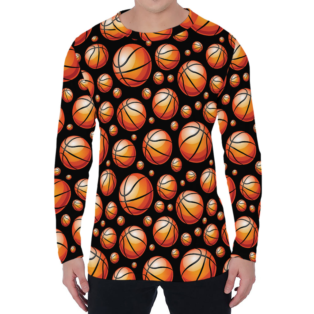 Black Basketball Pattern Print Men's Long Sleeve T-Shirt