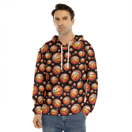 Black Basketball Pattern Print Men's Velvet Pullover Hoodie