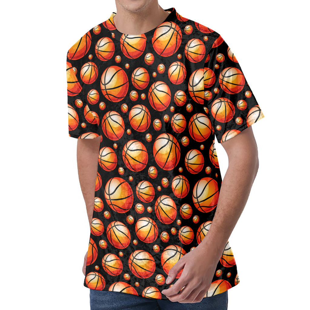 Black Basketball Pattern Print Men's Velvet T-Shirt