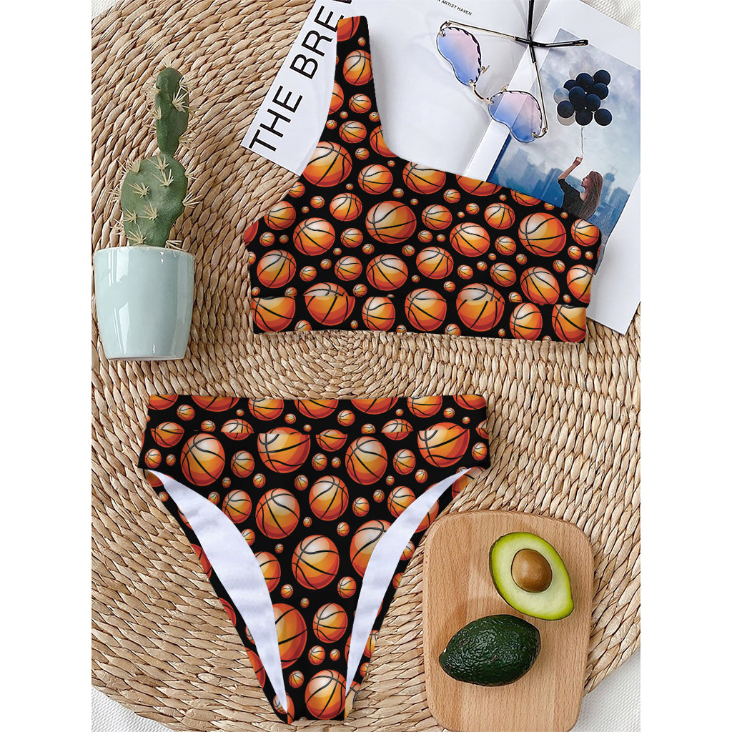 Black Basketball Pattern Print One Shoulder Bikini Top