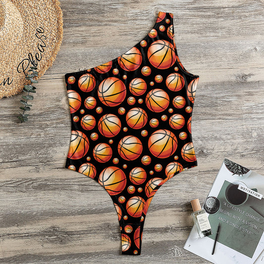Black Basketball Pattern Print One Shoulder Bodysuit