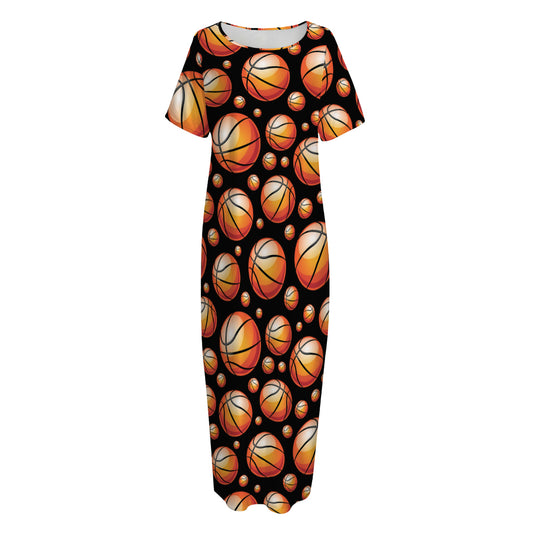 Black Basketball Pattern Print Short Sleeve Long Nightdress