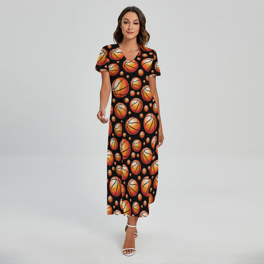 Black Basketball Pattern Print Short Sleeve Maxi Dress