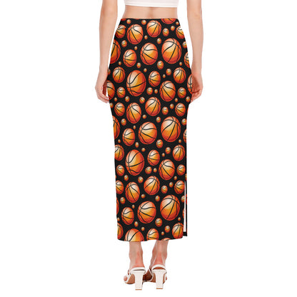 Black Basketball Pattern Print Side Slit Maxi Skirt