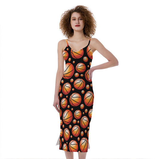 Black Basketball Pattern Print Slim Fit Midi Cami Dress