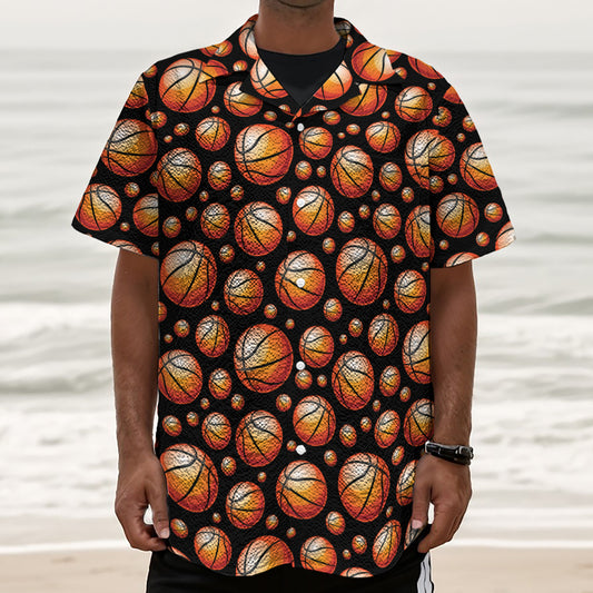 Black Basketball Pattern Print Textured Short Sleeve Shirt