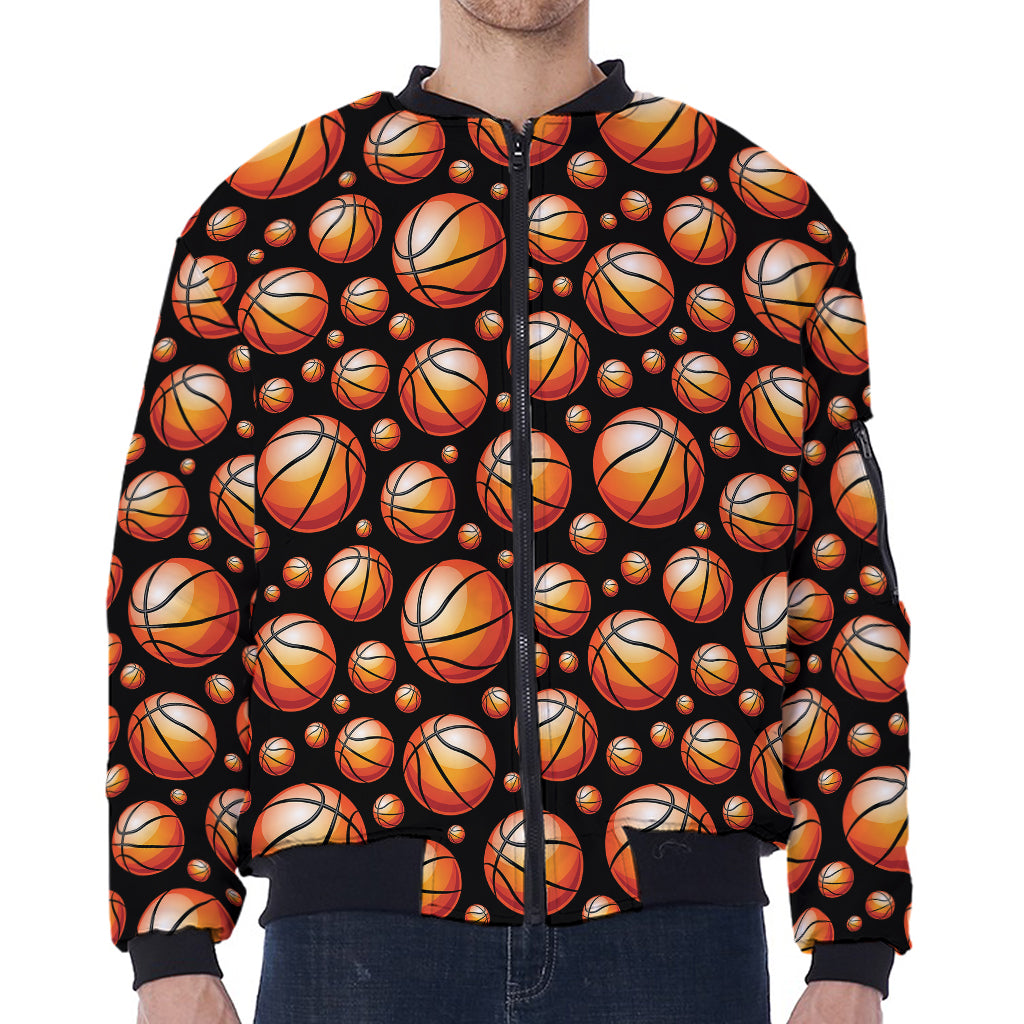 Black Basketball Pattern Print Zip Sleeve Bomber Jacket