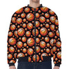 Black Basketball Pattern Print Zip Sleeve Bomber Jacket