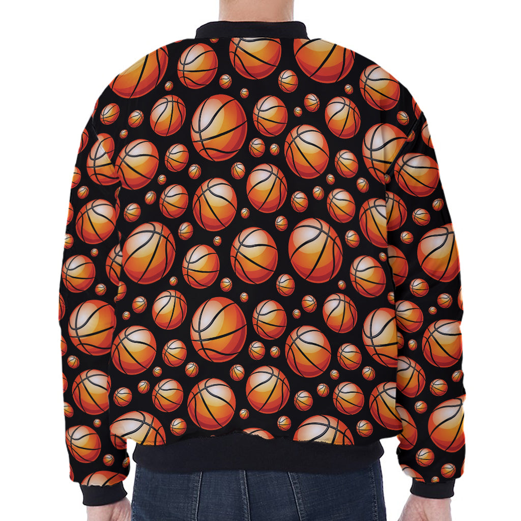 Black Basketball Pattern Print Zip Sleeve Bomber Jacket