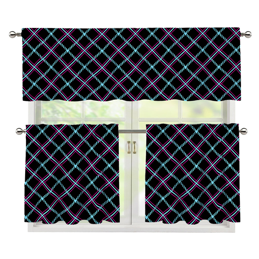 Black Blue And Pink Tartan Pattern Print 3 Piece Kitchen Curtains