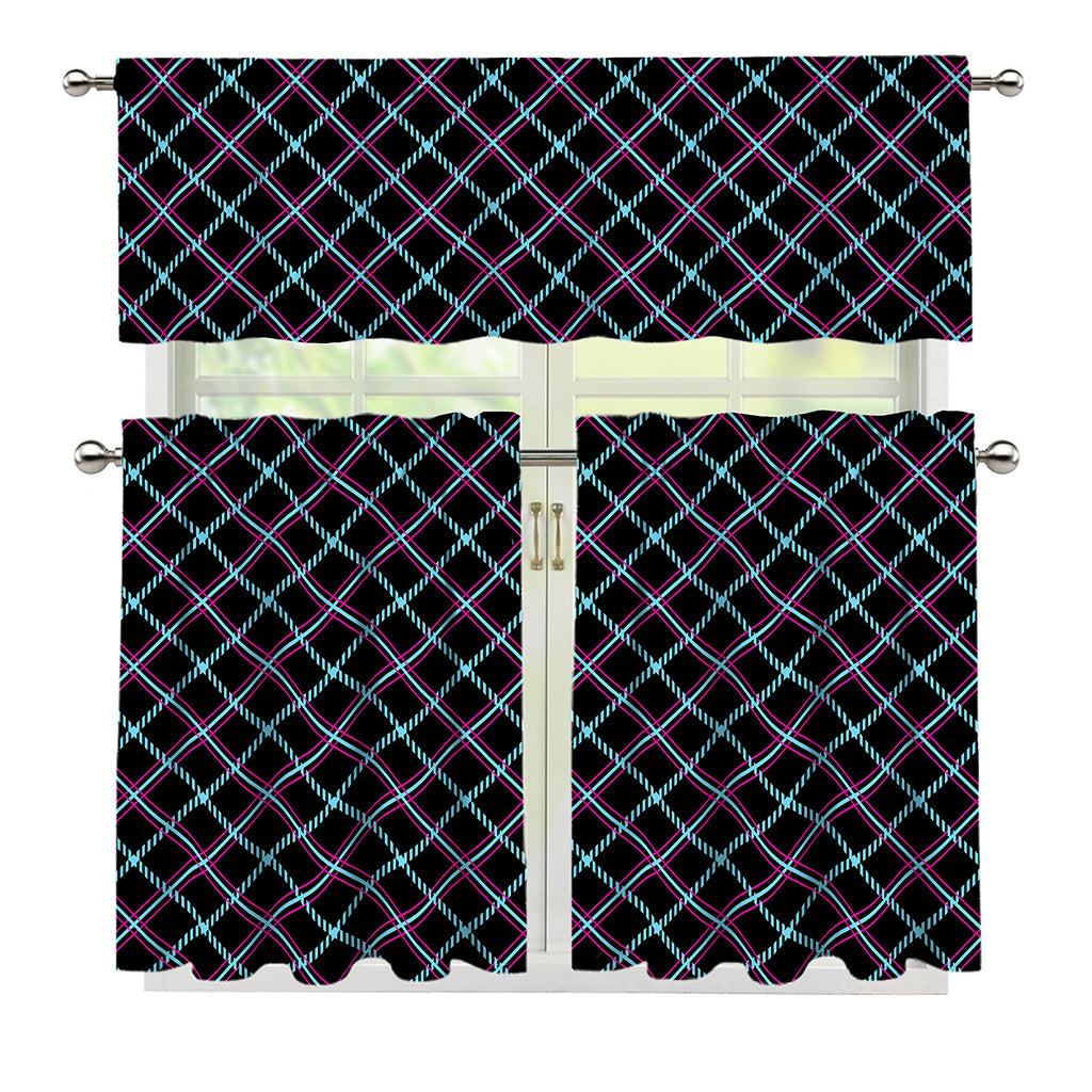 Black Blue And Pink Tartan Pattern Print 3 Piece Kitchen Curtains