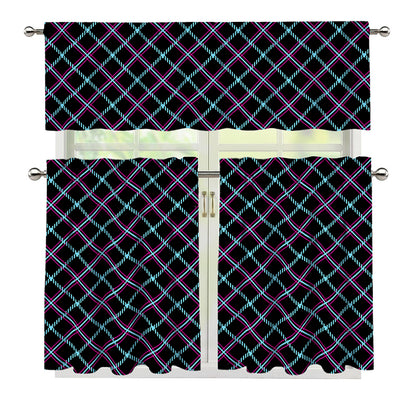 Black Blue And Pink Tartan Pattern Print 3 Piece Kitchen Curtains