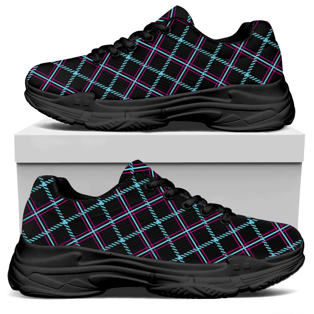 Black Blue And Pink Tartan Pattern Print Black Chunky Shoes