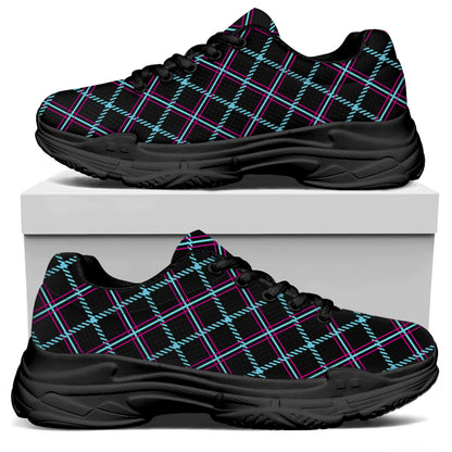 Black Blue And Pink Tartan Pattern Print Black Chunky Shoes