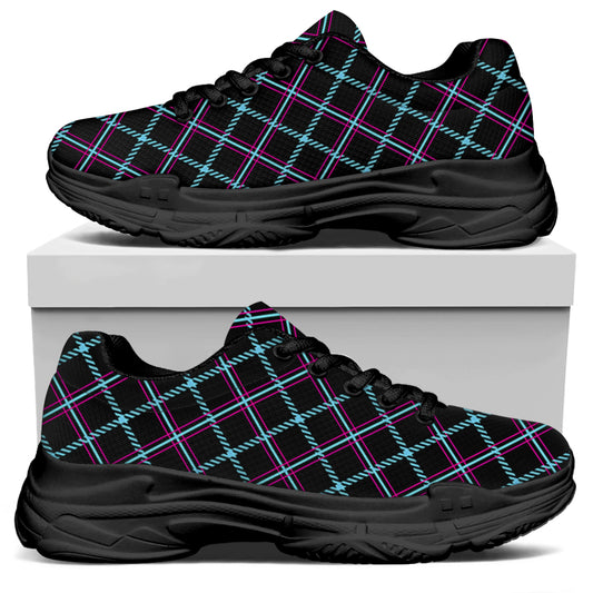 Black Blue And Pink Tartan Pattern Print Black Chunky Shoes