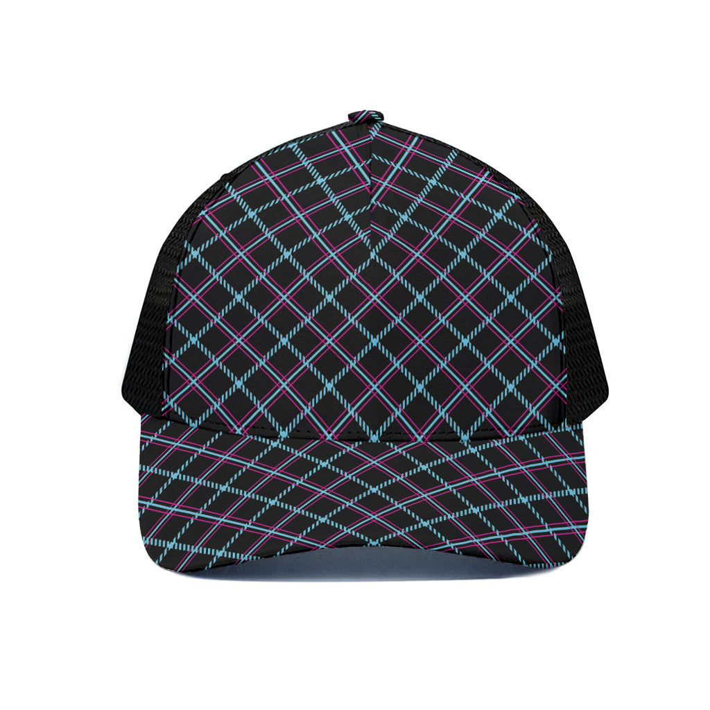 Black Blue And Pink Tartan Pattern Print Black Mesh Trucker Cap