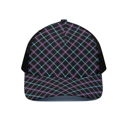 Black Blue And Pink Tartan Pattern Print Black Mesh Trucker Cap