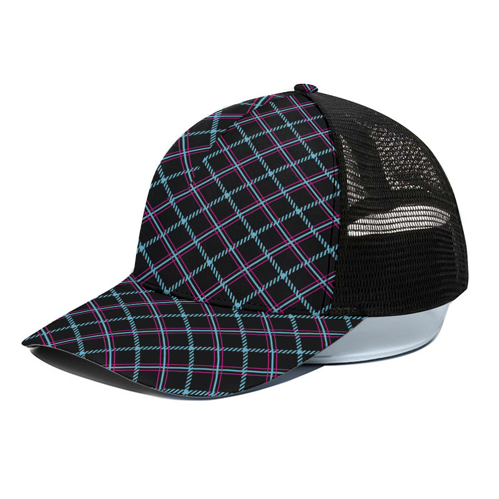 Black Blue And Pink Tartan Pattern Print Black Mesh Trucker Cap