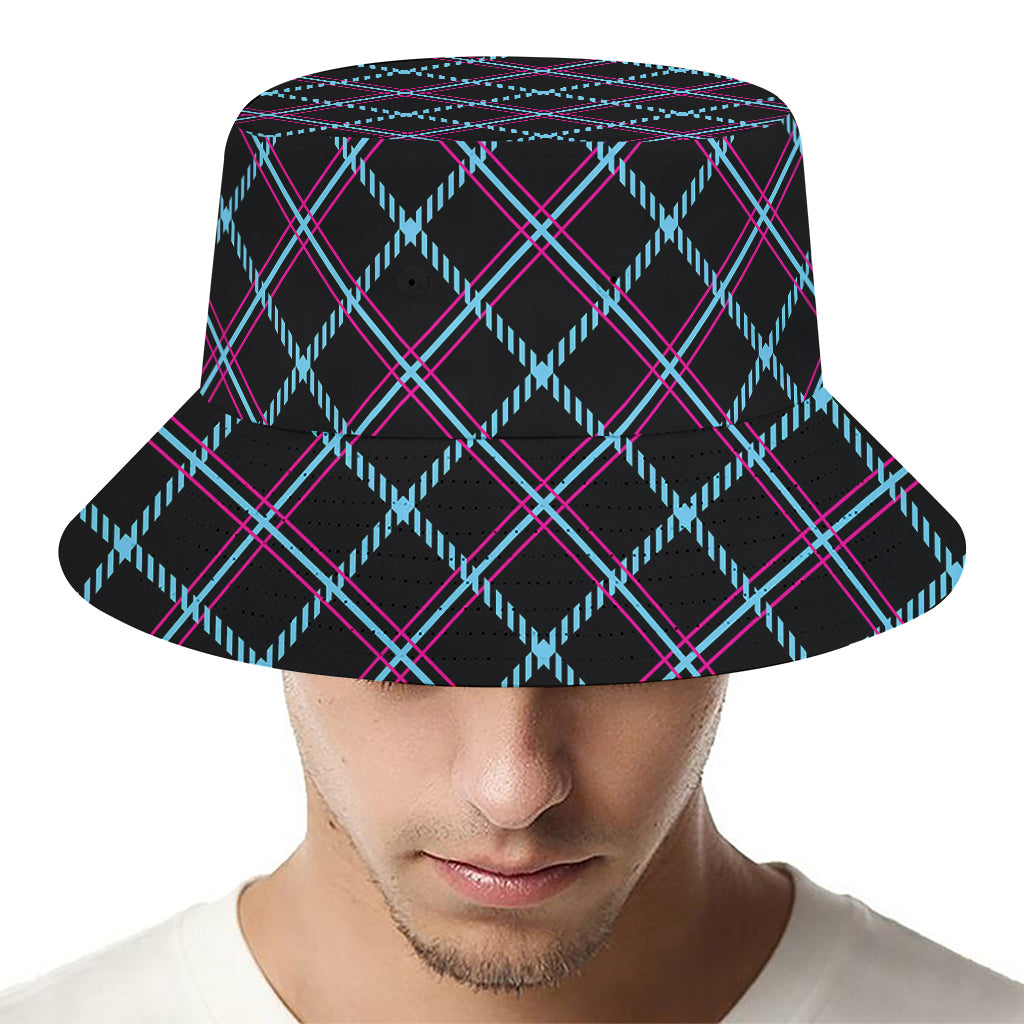 Black Blue And Pink Tartan Pattern Print Bucket Hat