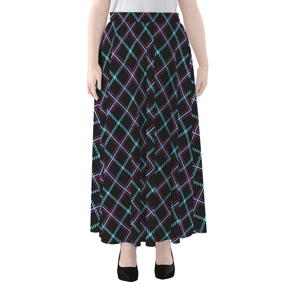 Black Blue And Pink Tartan Pattern Print Chiffon Maxi Skirt
