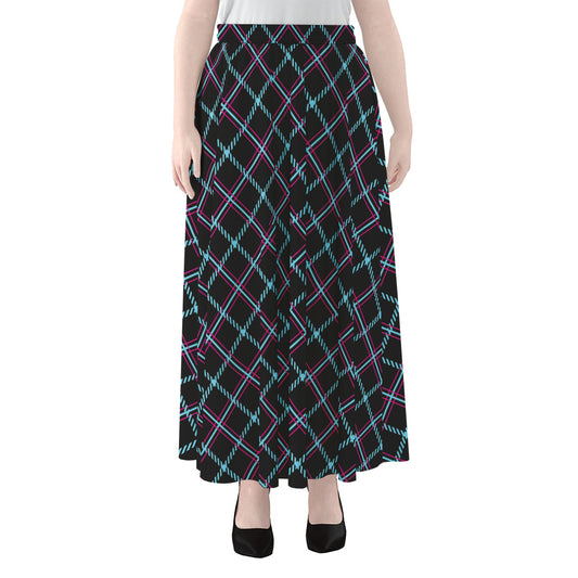 Black Blue And Pink Tartan Pattern Print Chiffon Maxi Skirt
