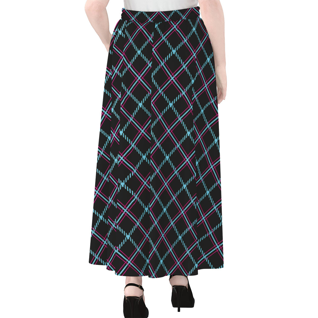 Black Blue And Pink Tartan Pattern Print Chiffon Maxi Skirt