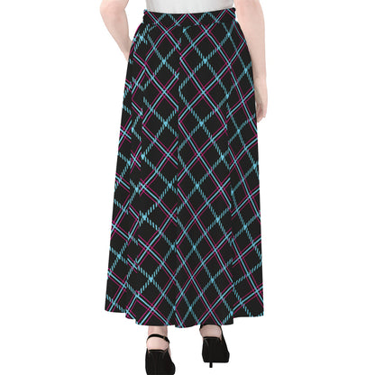 Black Blue And Pink Tartan Pattern Print Chiffon Maxi Skirt