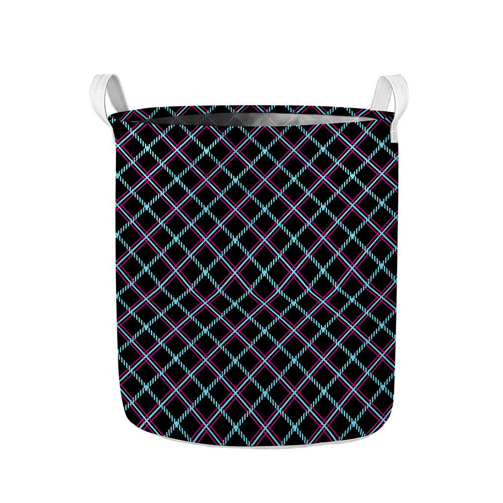 Black Blue And Pink Tartan Pattern Print Collapsible Laundry Basket