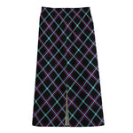 Black Blue And Pink Tartan Pattern Print Cotton Front Slit Maxi Skirt
