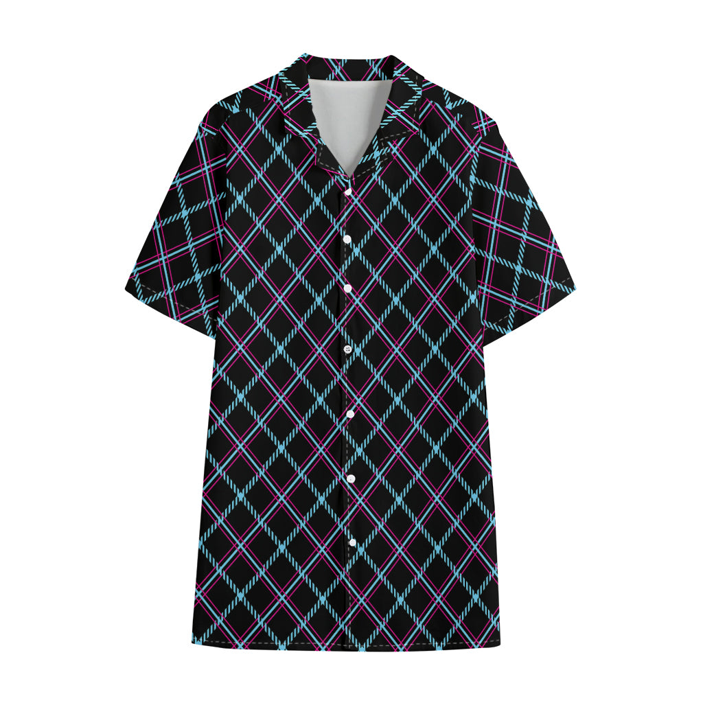 Black Blue And Pink Tartan Pattern Print Cotton Hawaiian Shirt