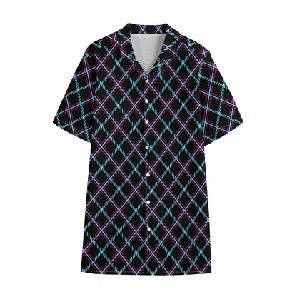 Black Blue And Pink Tartan Pattern Print Cotton Hawaiian Shirt