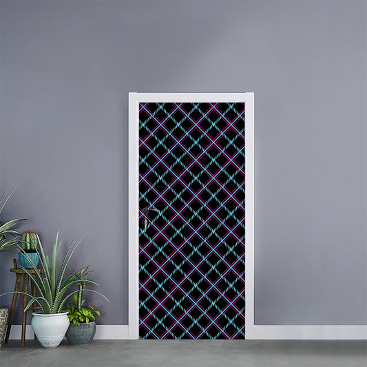 Black Blue And Pink Tartan Pattern Print Door Sticker