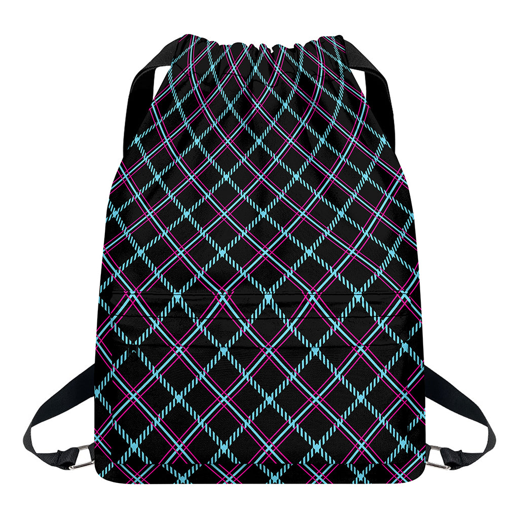 Black Blue And Pink Tartan Pattern Print Drawstring Backpack