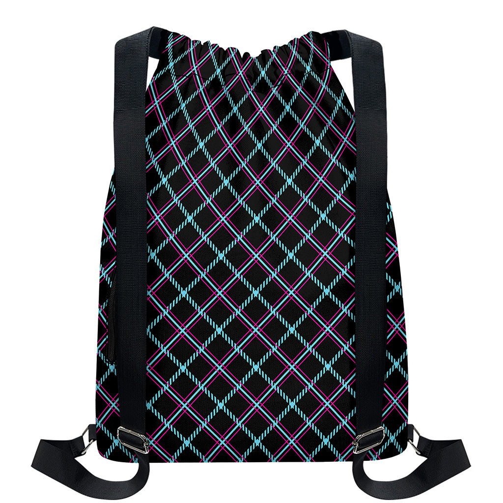 Black Blue And Pink Tartan Pattern Print Drawstring Backpack