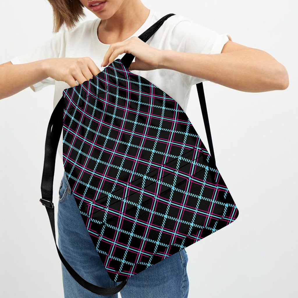 Black Blue And Pink Tartan Pattern Print Drawstring Backpack