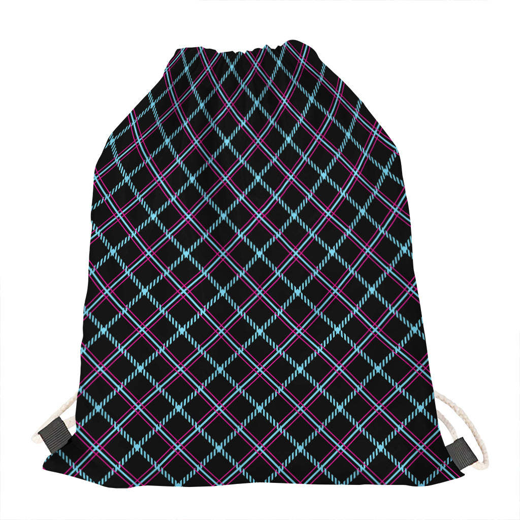 Black Blue And Pink Tartan Pattern Print Drawstring Bag