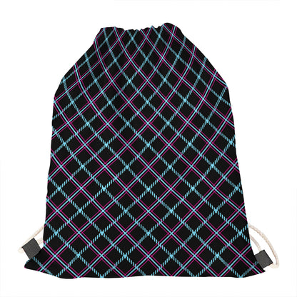Black Blue And Pink Tartan Pattern Print Drawstring Bag