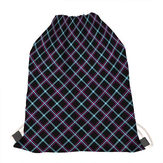 Black Blue And Pink Tartan Pattern Print Drawstring Bag