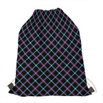Black Blue And Pink Tartan Pattern Print Drawstring Bag