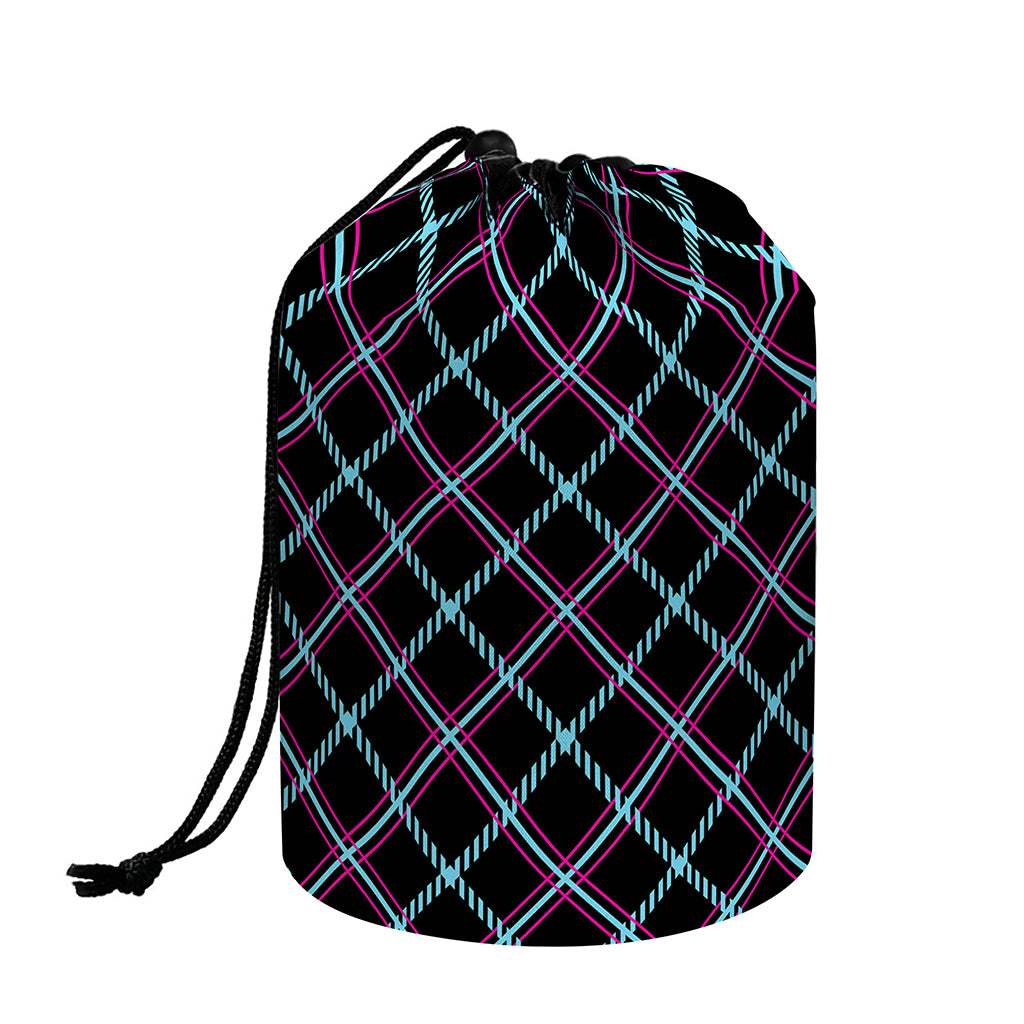 Black Blue And Pink Tartan Pattern Print Drawstring Makeup Bag