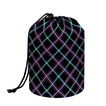Black Blue And Pink Tartan Pattern Print Drawstring Makeup Bag