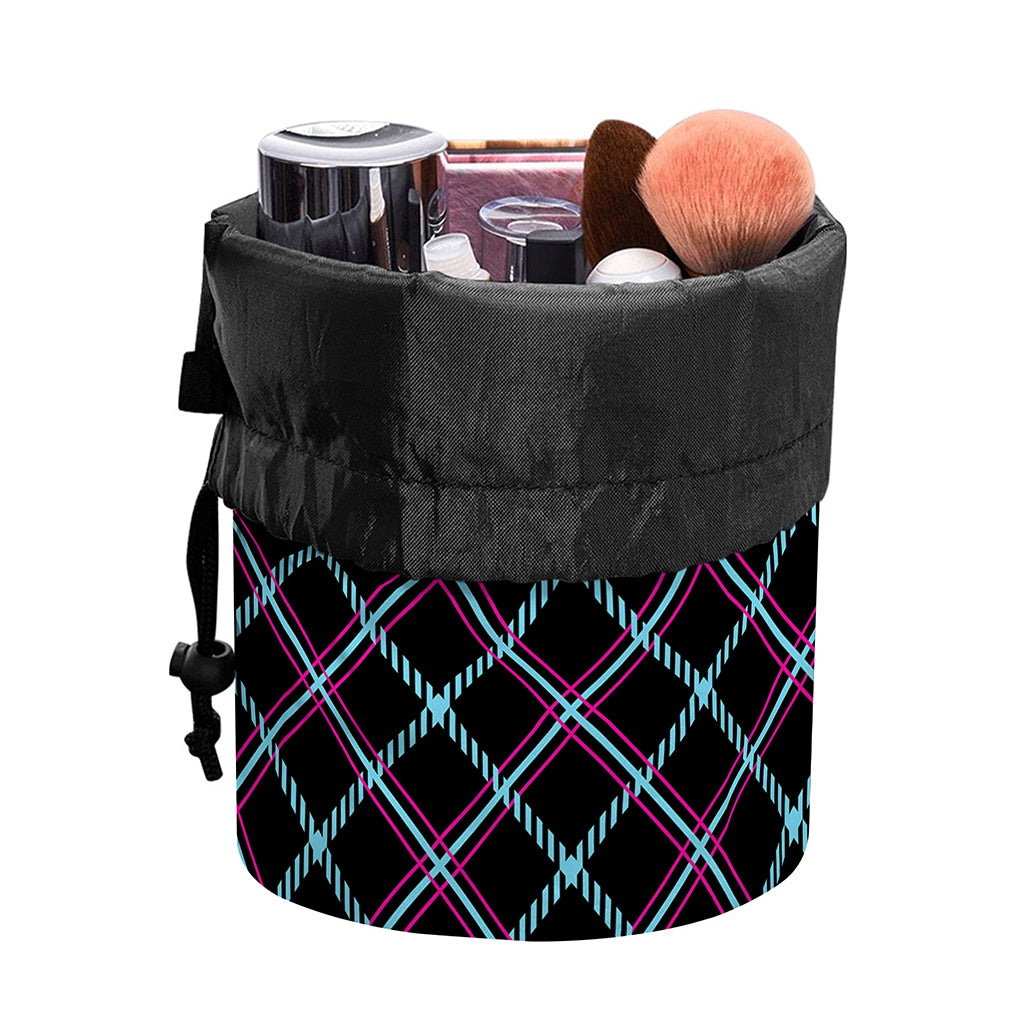 Black Blue And Pink Tartan Pattern Print Drawstring Makeup Bag