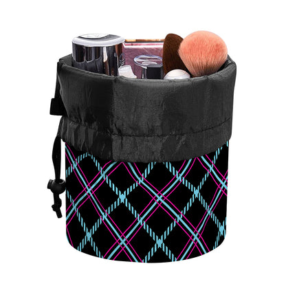 Black Blue And Pink Tartan Pattern Print Drawstring Makeup Bag