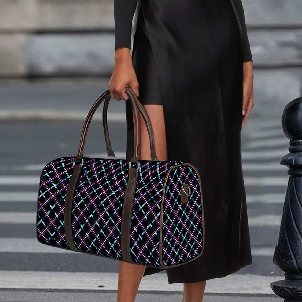 Black Blue And Pink Tartan Pattern Print Duffle Bag