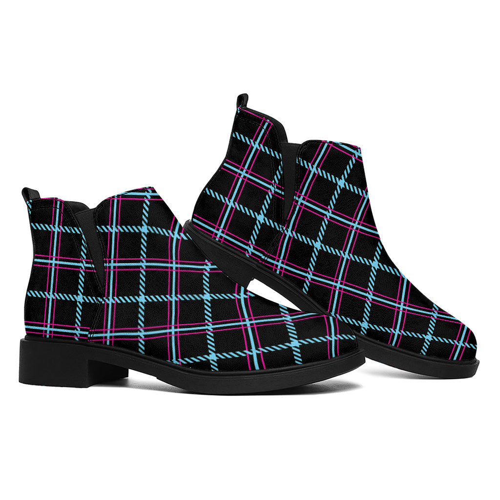 Black Blue And Pink Tartan Pattern Print Flat Ankle Boots