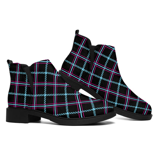Black Blue And Pink Tartan Pattern Print Flat Ankle Boots