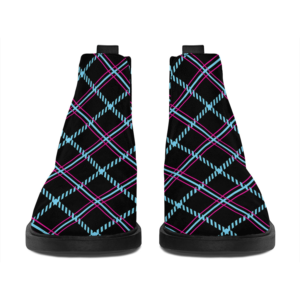 Black Blue And Pink Tartan Pattern Print Flat Ankle Boots
